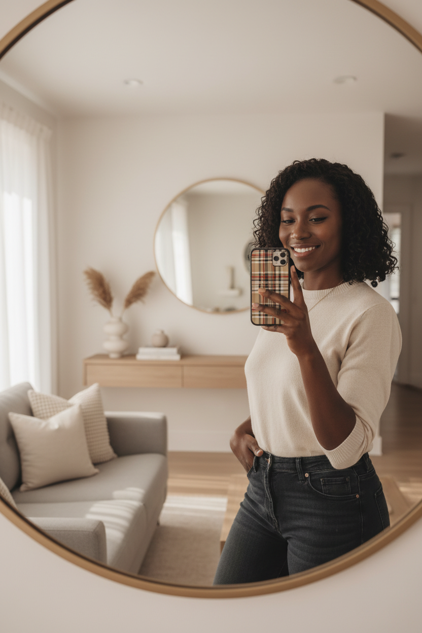 Mirror selfie with plaid phone case