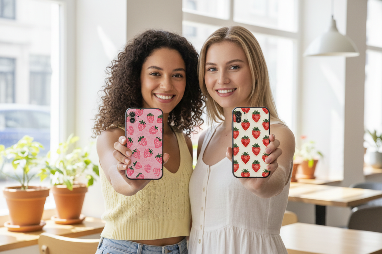 Two girls holding strawberry phone cases